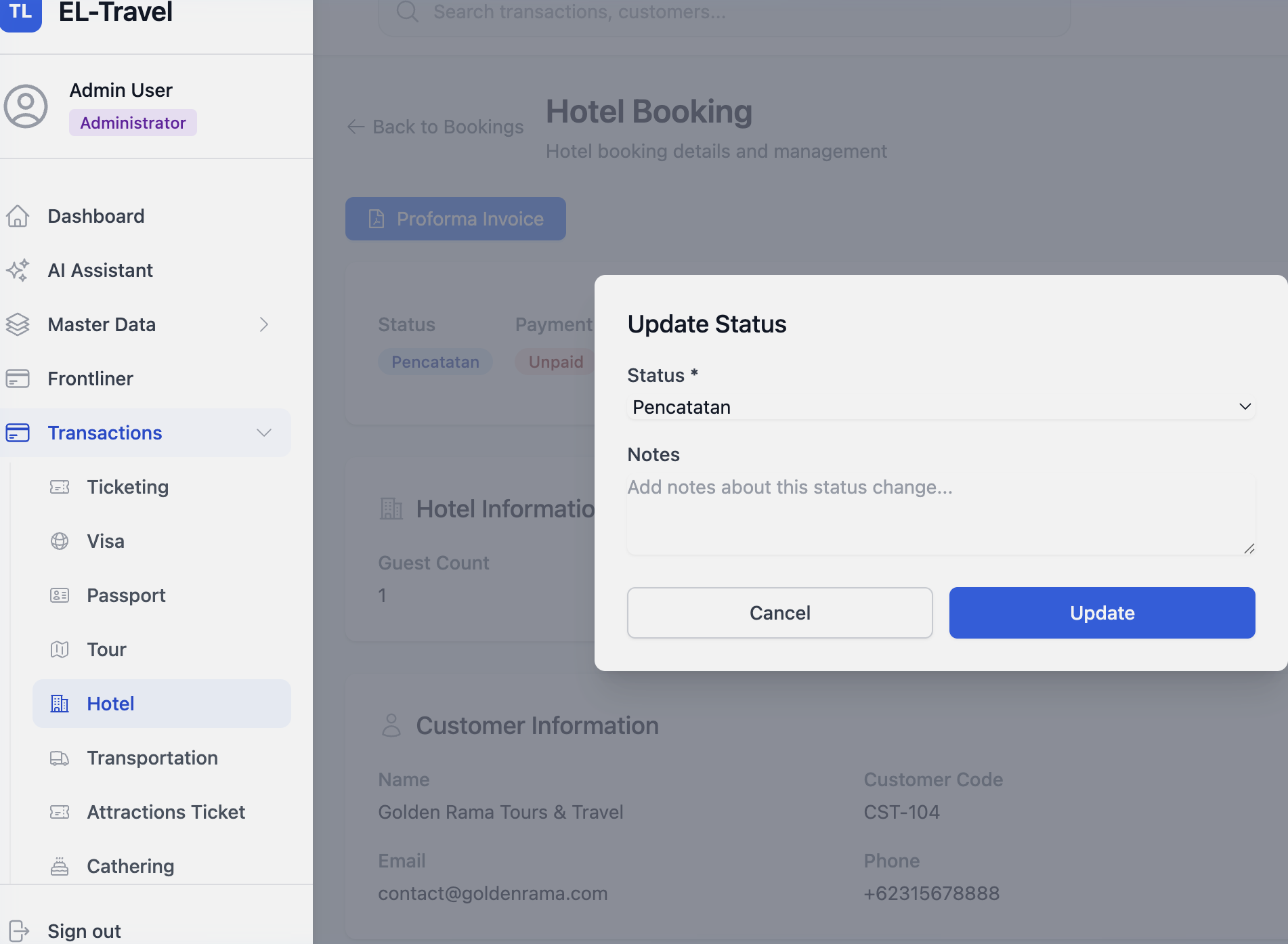 Status Modal Pemesanan Akomodasi