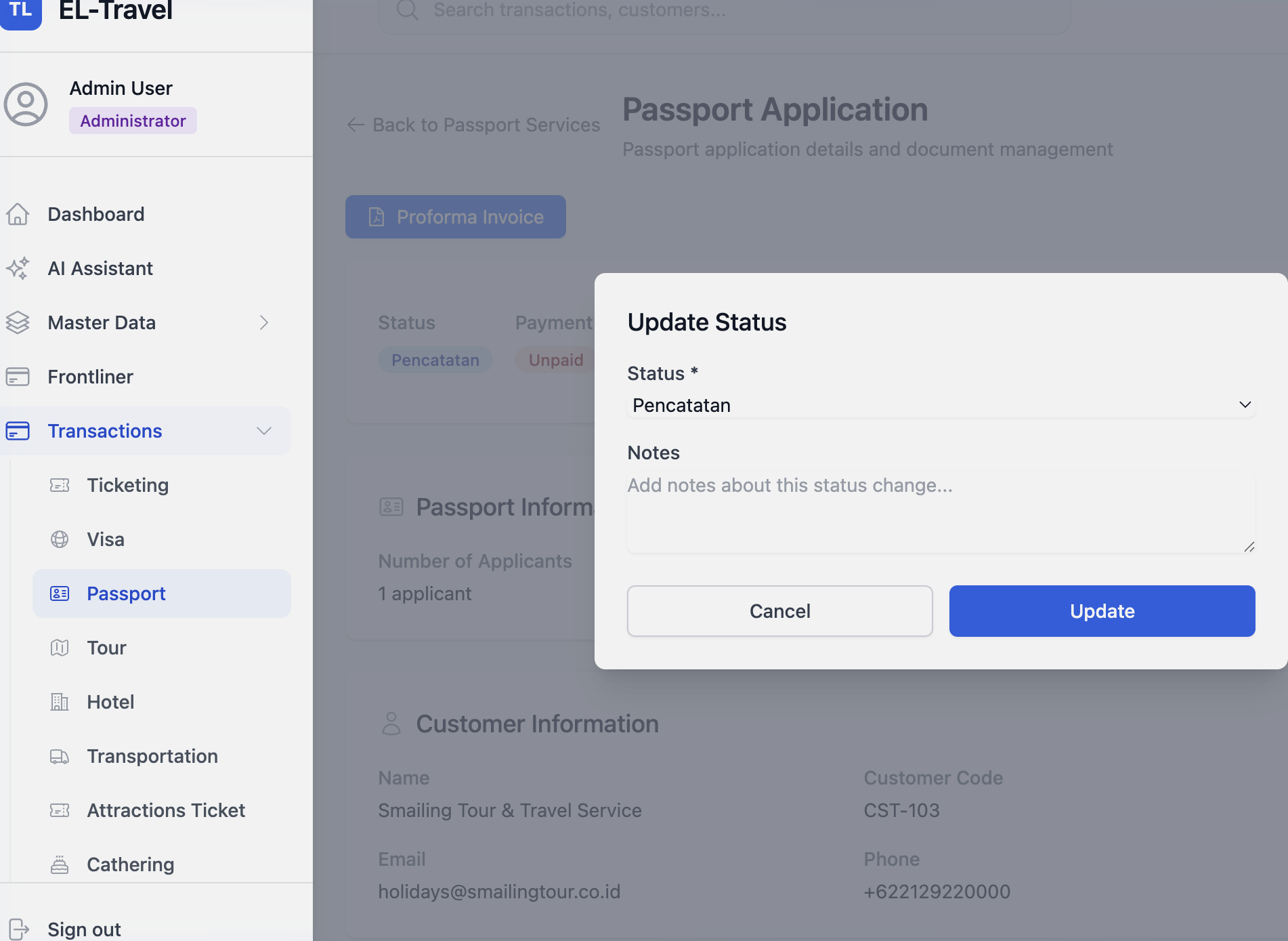 Status Modal Layanan Dokumen Perjalanan