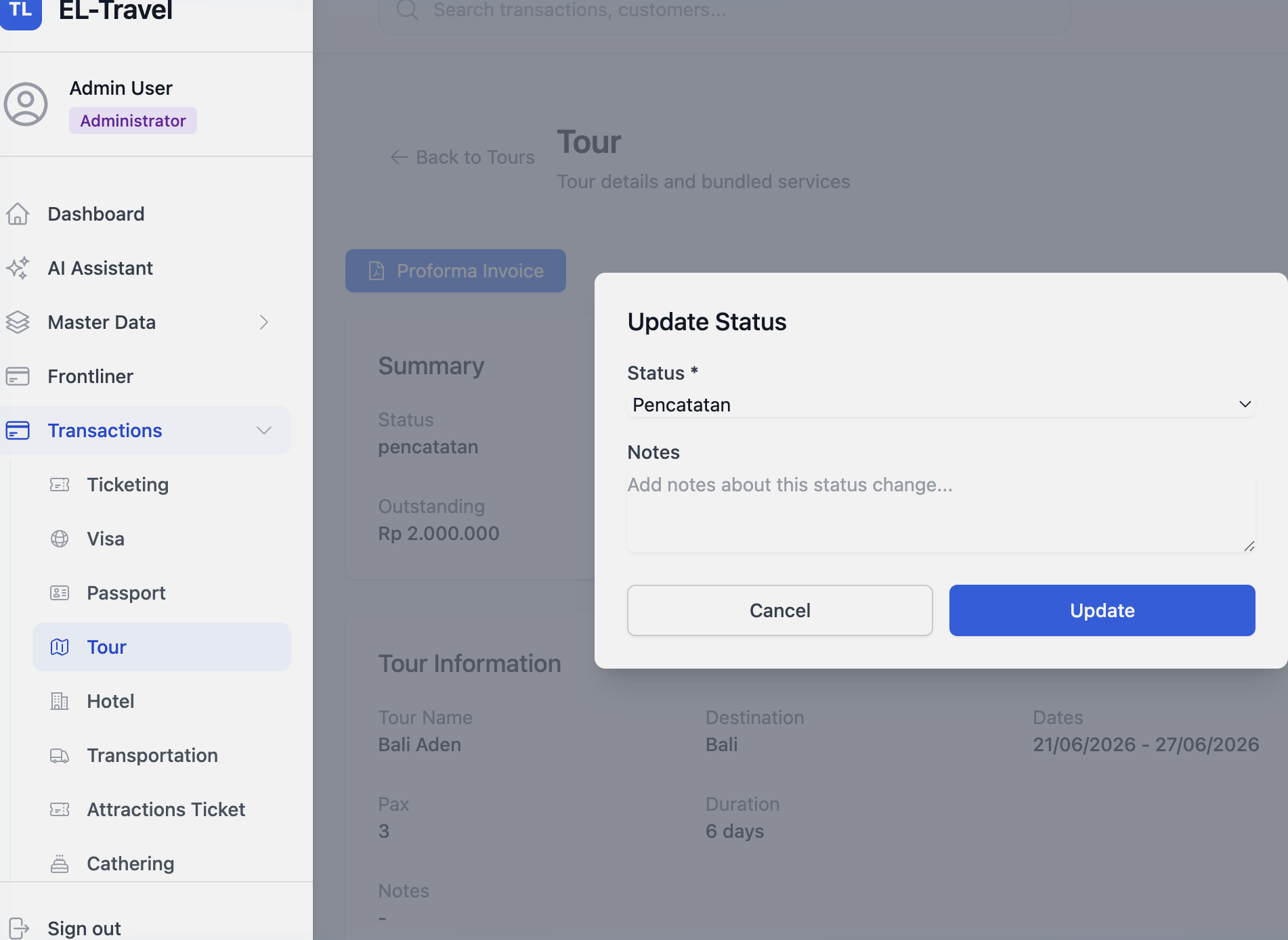 Status Modal Reservasi Paket Wisata